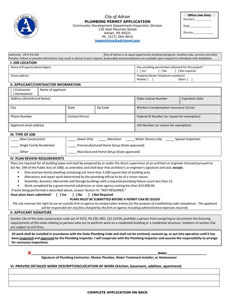 City Of Adrian Michigan Plumbing Permit Application Fill Out Sign