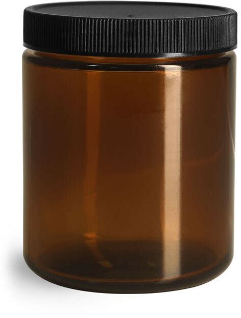 Sks Bottle And Packaging 8 Oz Glass Jars Amber Glass Straight Sided Jars W Black Ribbed Pe Caps