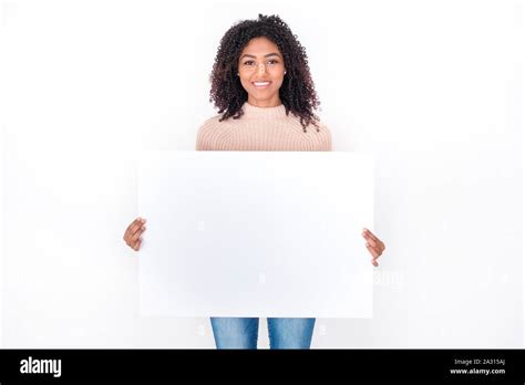 Afro American Black Woman Holding White Banner Isolated Stock Photo Alamy