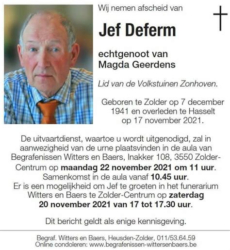 Familie Deferm Meldt Het Overlijden Van Jef Deferm Nieuws