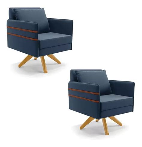 Kit 02 Sillones Giratorios Mari Suede Con Base De Madera Azul