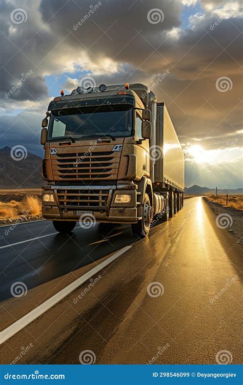 A Large Semi Truck Driving Down A Desert Road At Sunset European Truck