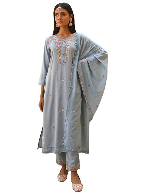 Janasya Indian Women S Mint Blue Poly Silk Floral Embroidery Kurta With