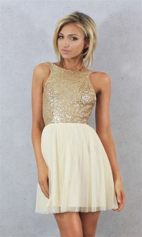 Charmming Short Chiffon Champagne Gold Sequin Bridesmaid Dress