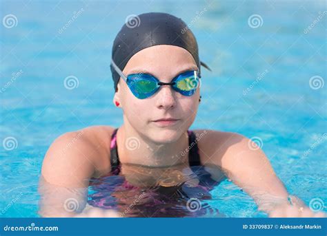 Female Swimmer In Blue Water Swimming Pool Sport Woman Stock Image