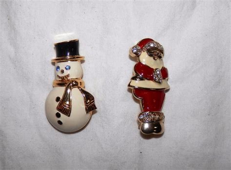 Monet White Enamel Blue Rhinstone Eyes Snowman Brooch Pin Santa Claus