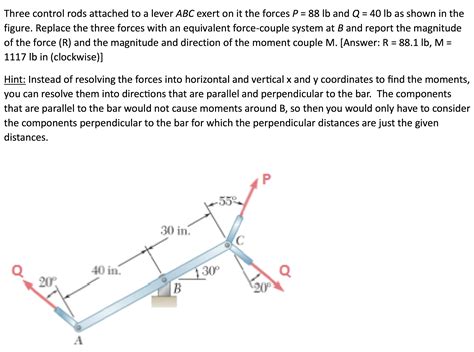 Solved Three Control Rods Attached To A Lever Abc Exert On Chegg