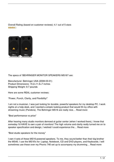 BEHRINGER MONITOR SPEAKERS MS16 Review by soundngear - Issuu
