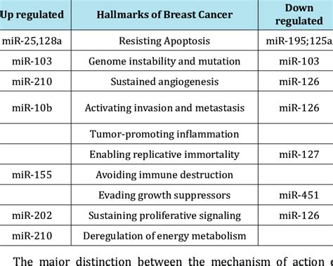 Mirnas As Key Regulators Of Breast Cancer Hallmarks Expression Of