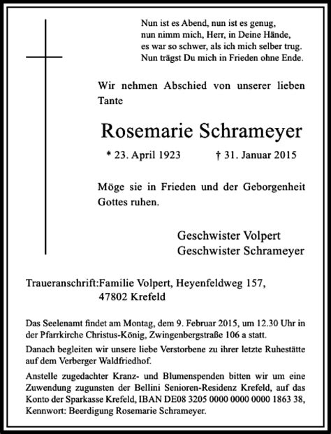 Alle Traueranzeigen F R Rosemarie Schrameyer Trauer Rp Online De