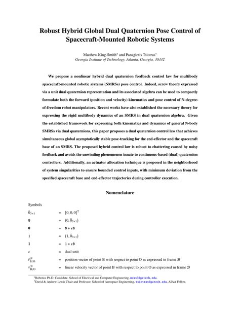 PDF Robust Hybrid Global Dual Quaternion Pose Control Of Spacecraft