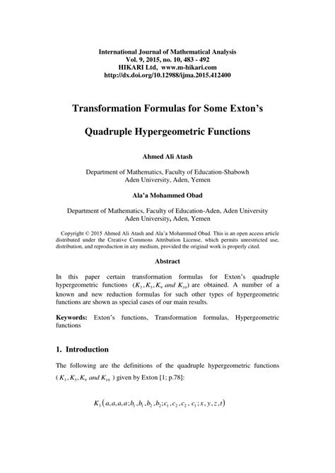 Pdf Transformation Formulas For Some Exton S Quadruple Hypergeometric Functions