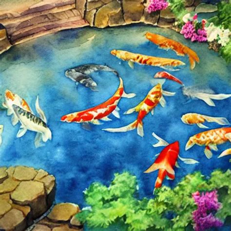 Watercolor Art On Paper Beautiful Koi Fish Pond Stable Diffusion