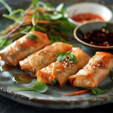 Delicious Asian Chicken Spring Rolls Crispy Flavorful Delights Premium Ai Generated Image