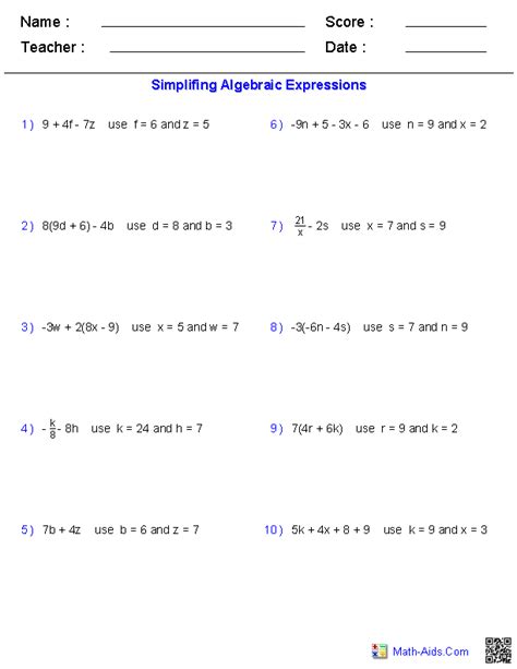 Algebra 1 Evaluating Expressions Worksheets