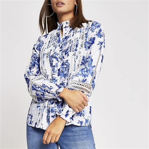 Blue Floral Print Frill Embroidered Blouse River Island