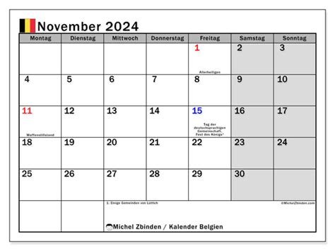 Kalender November 2024 Belgien Michel Zbinden BE