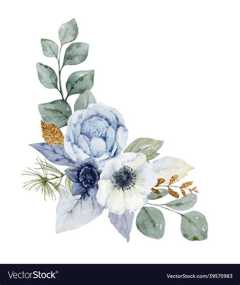 Watercolor Floral Arrangement With Blue Flowers And Green Leaves