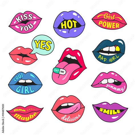 Lips Patches Collection Vector Illustration Of Womens Lips With Writings And Relevant Words