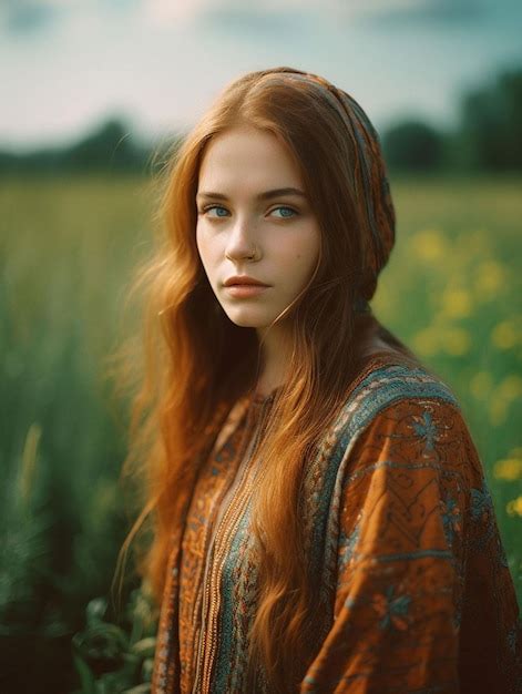 Premium Ai Image A Woman With Red Hair And Blue Eyes Stands In A