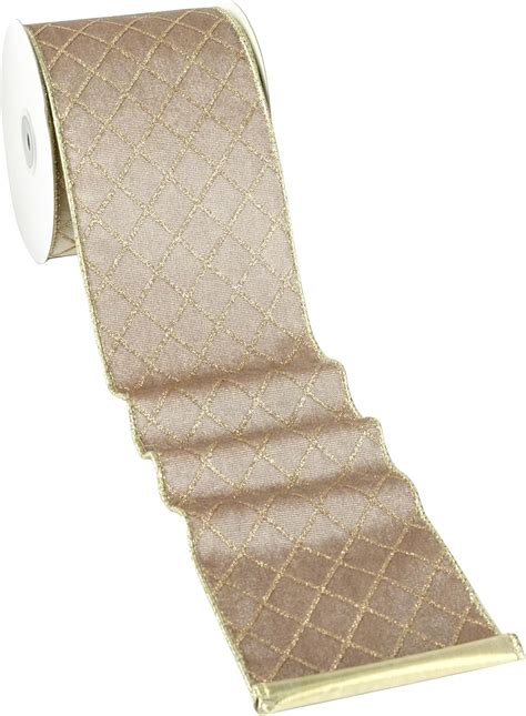 MAYREEL 4 Velvet Wired Ribbon With Lattice Glitter Taupe Gold 10