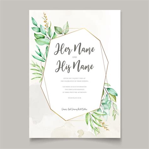 Premium Vector Watercolor Wedding Invitation Card In Green Leaves