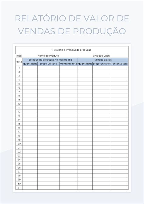 Planilhas Relatório De Valor De Vendas De Produção Excel e Edição On