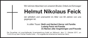 Traueranzeigen Von Helmut Nikolaus Feick Trauer Nn De