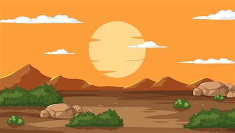 Ilustra O De Paisagem Do P R Do Sol No Deserto Vetor Premium