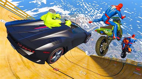 GTA 5 SPIDERMAN Vs MEGA RAMP JUMP Spider Man Jumps With Cars Bikes