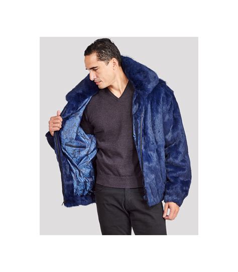 Navy Rabbit Fur Hooded Bomber Jacket For Men