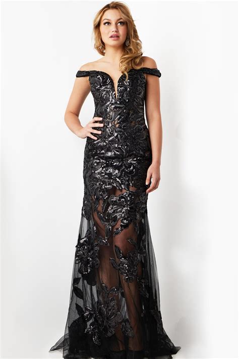 Black Off the Shoulder Illusion Dress 23834 - Jovani