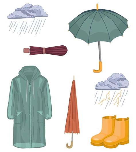 Premium Vector Set Of Rainy Weather Attributes Doodles Of Raincoat