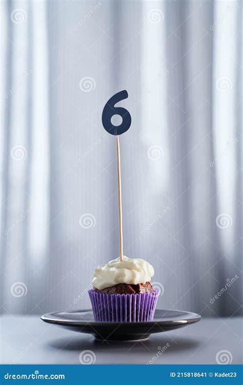 Chocolate Birthday Cupcake With Number 6 Six Stock Image Image Of