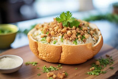 Premium Ai Image Clam Chowder In A Bread Bowl Topped With Parsley And