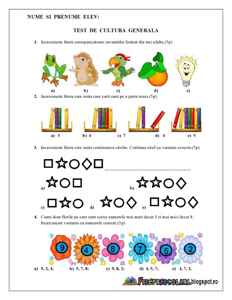 Test De Cultura Generala Pentru Copiii De Clasa Pregatitoare Fise De