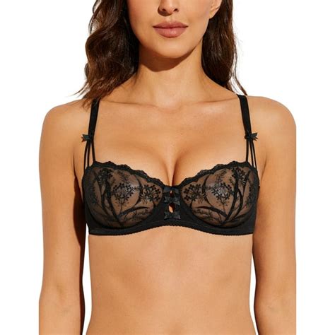 Deyllo Womens Embroidered Lace Unlined Bra 12 Cup Demi Sheer See Through Underwire Bras Non