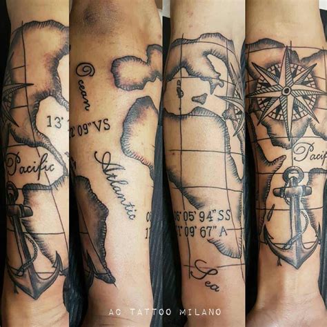 Three Different Tattoos On The Legs Of People With Compasss And Map