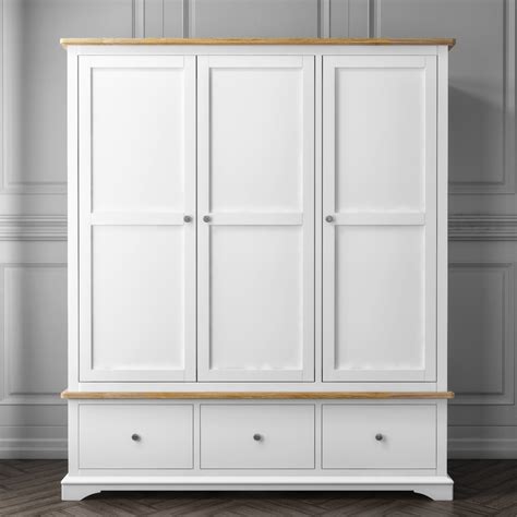 Darley White Triple Wardrobe In Solid Oak With Drawers Furniture123