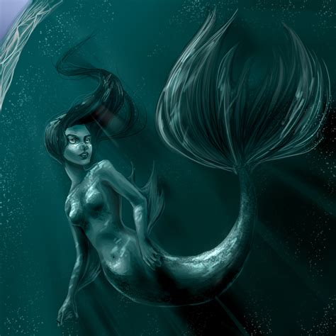 a painting of a mermaid swimming in the ocean with her tail curled up and eyes closed