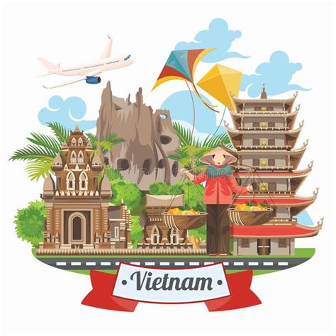 Travel to Vietnam poster with airplane. Set of traditional Vietnamese cultural symbols ...