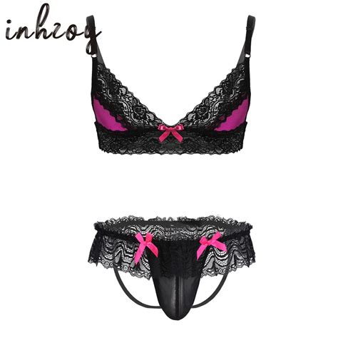 Men Sexy Crossdressing Lingerie Set Sissy Lace Bra Brief Thong Underwear See Through Open Butt