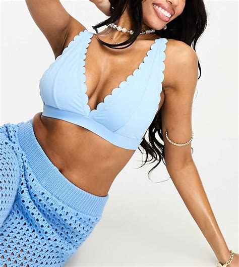 Peek Beau Fuller Bust Exclusive Mix Match Scallop Plunge Long Line Bikini Top In Pastel Blue
