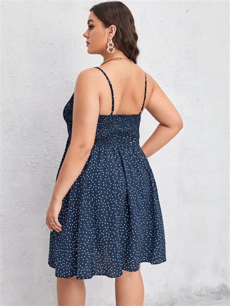 Plus Polka Dot Shirred Cami Dress Shein Usa