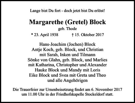 Traueranzeigen Von Margarethe Gretel Block Trauer Anzeigen De