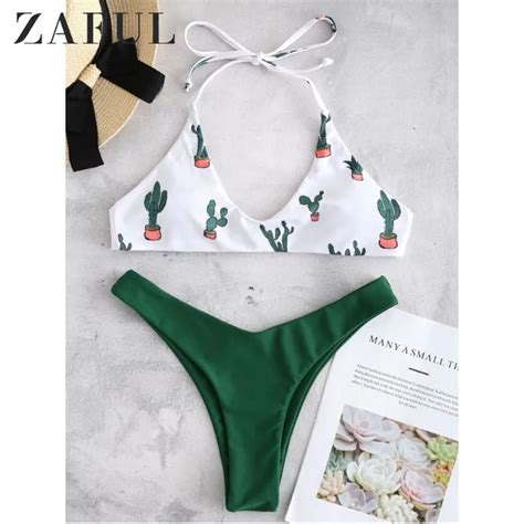 Zaful Halter Cactus Print Bikini Set Swimwear Women High Leg Swimsuit