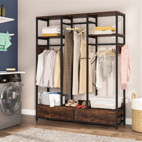 Brown Black Wood Industrial Clothing Rack With Shelves Tier Clothes