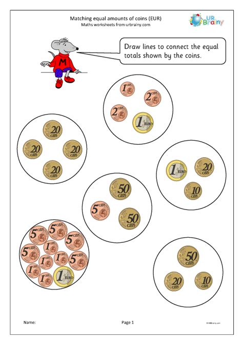 Matching Equal Amounts Of Coins Euros Money Worksheets Using Euros By