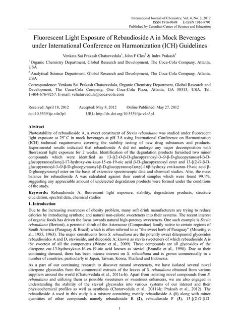 Pdf Fluorescent Light Exposure Of Rebaudioside A In Mock Beverages