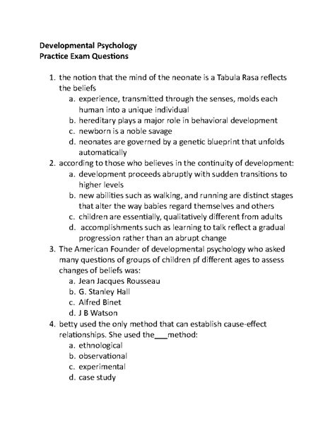 Developmental Psychology Pratice Exam Questions Developmental